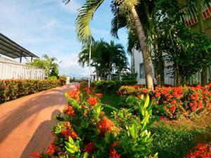 a garden with red and orange flowers and palm trees at PL Somos AT HOME Habitación en Apto compartido con los Anfitriones in Neiva