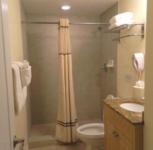 uma casa de banho com um chuveiro, um WC e um lavatório. em Sunset Vistas Two Bedroom Beachfront Suites em St. Pete Beach