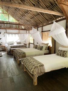 a room with three beds with mosquito nets on them at Reserva Natural El Matuy in Palomino