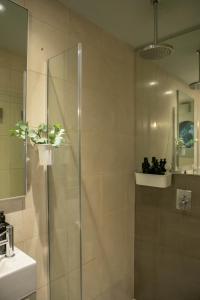 um chuveiro com uma porta de vidro na casa de banho em The Luxury Inn em Londres