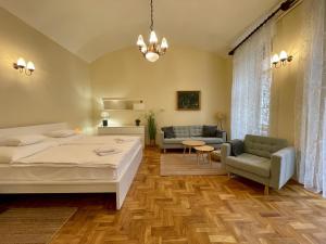 ブダペストにあるAppartement Bohème Budapestのベッドルーム1室(ベッド1台付)、リビングルームが備わります。
