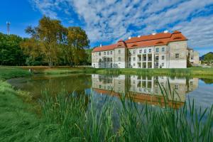 een oud gebouw met een reflectie in het water bij Pałac Siemczyno in Siemczyno