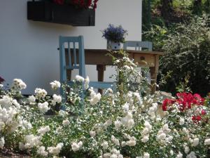 a blue chair sitting next to a table and flowers at Penzion Roubenka in Hukvaldy