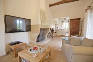 Una sala de estar con un sofá y una chimenea. en Authentique propriété, en Bonnieux