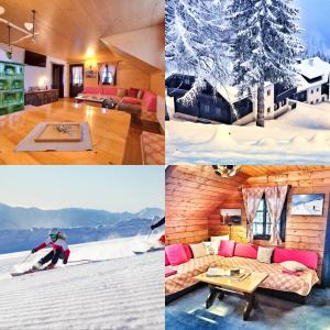 a collage of photos of a living room with a christmas tree at das Bergerleben in Sonnenalpe Nassfeld