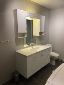 a bathroom with a sink and a toilet at Apartment close to city center in Tromsø