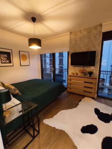 een slaapkamer met een groot groen bed en een televisie bij Aria in Belgrado