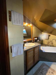 a bathroom with two sinks and a large mirror at la mansarda di Fabio in Bormio