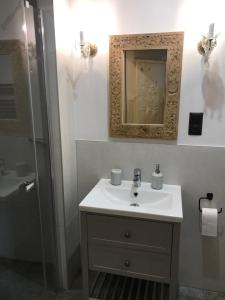 a bathroom with a sink and a mirror and a shower at Apartamenty Bąkowo Chatka in Witów
