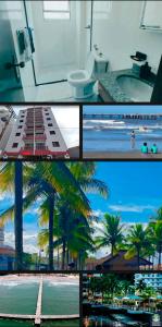 un collage de trois photos d'un complexe hôtelier dans l'établissement Ap beira-mar com wi-fi e garagem, à Mongaguá
