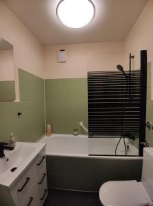 ein Bad mit einer Badewanne, einem Waschbecken und einer Dusche in der Unterkunft Ferienwohnung Harzluchs mit Balkon, Netflix und Sauna im Haus in Hohegeiß