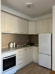 a kitchen with white cabinets and a white refrigerator at Apartman Sidra in Trebinje