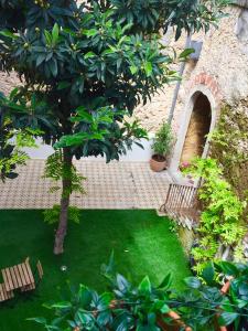 a garden with two benches and a tree at Lisbon Wine Hotel in Lisbon