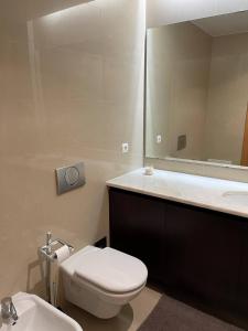 uma casa de banho com um WC, um lavatório e um espelho. em Penthouse Terrace Apartment em Ponta Delgada
