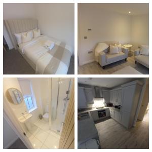 four pictures of a bedroom with a bed and a bathroom at Luxury 3 bedroom house on the outskirts of Newcastle near to Hadrians Wall in Newcastle upon Tyne