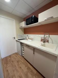 uma cozinha com um lavatório e uma bancada em Appartement : Le Portel em Le Portel