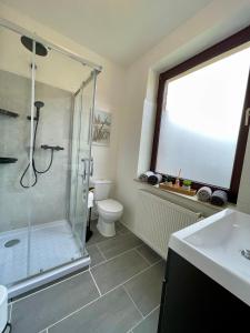 ein Bad mit einer Dusche, einem WC und einem Waschbecken in der Unterkunft Gemütliche und charmante Ferienwohnung in der schönen Rattenfängerstadt Hameln in Hameln