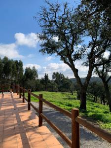 a wooden fence next to a field with a tree at Monte da Rocha in Santiago do Cacém