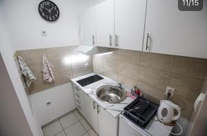 una piccola cucina con lavandino e orologio sul muro di SKY 1 APARTMAN a Subotica
