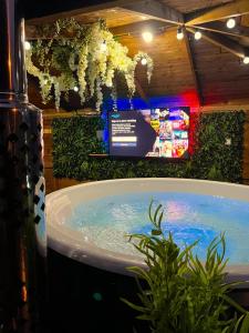 a jacuzzi tub in a room with an aquarium at Cybi at Llanfair Hall in Llanfairpwllgwyngyll