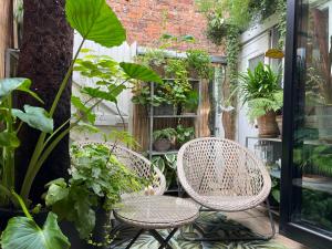 a patio with two wicker chairs and plants at Double Room at Minster Cottage in Kings Lynn +4 photos