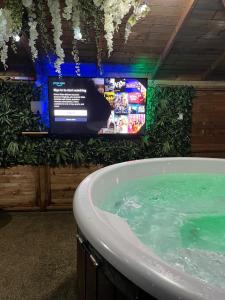 a bath tub in a room with a tv at Cybi at Llanfair Hall in Llanfairpwllgwyngyll