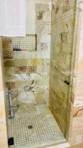 a bathroom with a shower with a stone wall at Private Room View Pool Big Estate Oasis Extra Fee 4 Guest Clea-ning Pet WOMEN ONLY in Encino