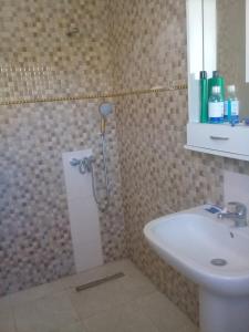 La salle de bains est pourvue d'une douche et d'un lavabo. dans l'établissement les grottes de bizerte, à Bizerte