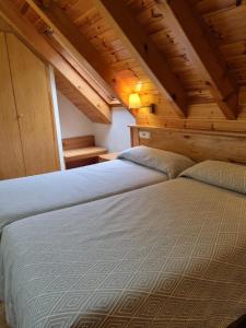 2 camas en una habitación con techos de madera en Hostal y Apartamento Seixes, en Bagergue