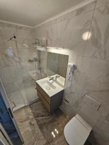 a bathroom with a sink and a shower and a toilet at Valpino 
