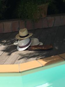 Un chapeau et une batte de baseball assis sur une terrasse dans l'établissement Villas Cap Est OFFRE SPECIALE PONT DE MAI 1 NUIT OFFERTE, au François