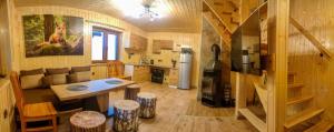 Cabaña de madera con cocina y sala de estar. en Domki - Noclegi Pod Ostrym Działem, en Ustrzyki Dolne