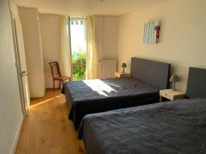 - une chambre avec 2 lits et une fenêtre dans l'établissement La Vigneronne, Chailly-Montreux, à Montreux