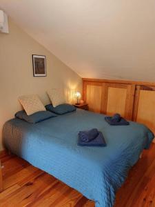 a bedroom with a blue bed with two towels on it at La Mascotte - Votre refuge bergeracois in Bergerac