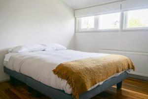 ein Schlafzimmer mit einem Bett mit einer braunen Decke darauf in der Unterkunft A orilla del rio, depto 2D/1B in Valdivia