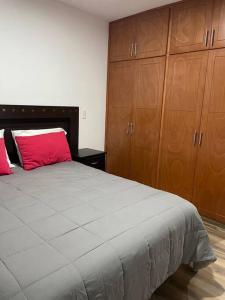 1 dormitorio con cama con almohada roja y armarios de madera en Hermoso departamento completamente nuevo centrico, en Ciudad Guzmán
