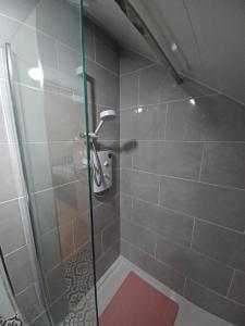 La salle de bains est pourvue d'une douche avec une porte en verre. dans l'établissement Country Haven eircode H54 AK31, à Galway