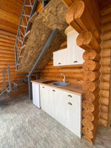 una cocina en una cabaña de madera con fregadero en Arte Jermuk Lux Cottage en Jermuk