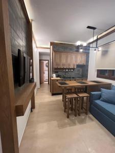 eine Küche und ein Wohnzimmer mit einem blauen Sofa in der Unterkunft The MITS luxury apartments in Skiathos-Stadt