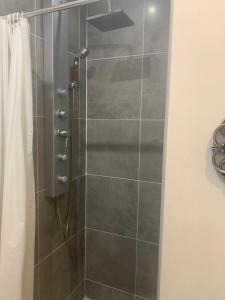 a shower with a glass door in a bathroom at Charmante petite maison in Maubeuge