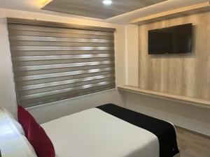 1 dormitorio con 1 cama y TV de pantalla plana en Hotel La Estancia Zacatlan, en Zacatlán