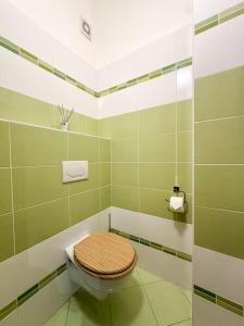 a bathroom with a toilet in a green room at Apartmán Suro I Garage parking 24/7 self check-in in Banská Bystrica