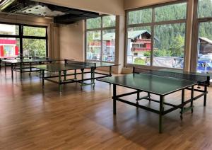 a row of ping pong tables in a room with windows at App Steenbok 516 Kleinwalsertal in Mittelberg