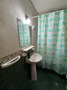 baño con lavabo y cortina de ducha en Casa en alquiler TANDIL - Lamadrid en Tandil