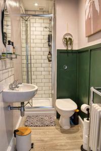 a bathroom with a sink and a toilet and a shower at Flat in the Heart of Worcester in Worcester