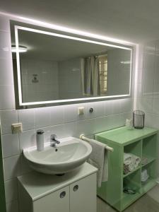 a bathroom with a sink and a large mirror at Ferienhaus "Sofia" Anno 1650 im Herzen von Detmold-Altstadt, Historische Stadtmauer, Old lane Detmold, SLEEP WELL Apartments in Detmold