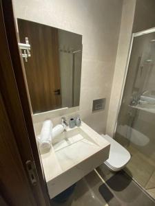 a bathroom with a sink and a toilet and a mirror at Studio Moderne au centre de ville casablanca à Louer in Casablanca
