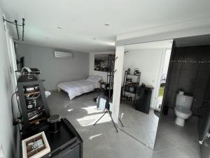 um quarto com um quarto com uma cama e uma casa de banho em Studio proche Paris et aéroport d'Orly em Orly