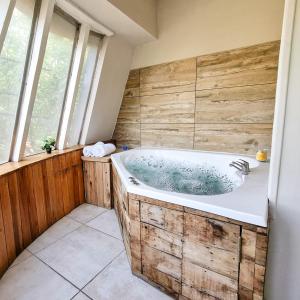 a bathroom with a bath tub with a window at Hotel Tirol D'andrea in Villa General Belgrano