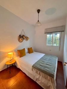 a bedroom with a bed and a lamp and a window at La Molinera Rustic in Cártama